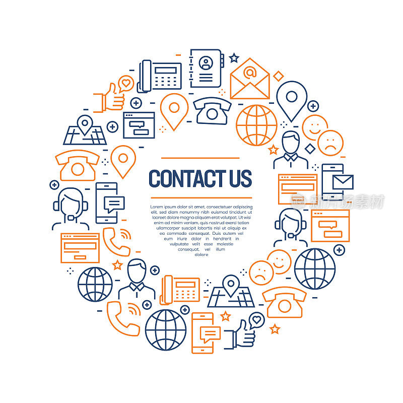 Contact Us Concept - Colorful Line Icons, Arranged in Circle